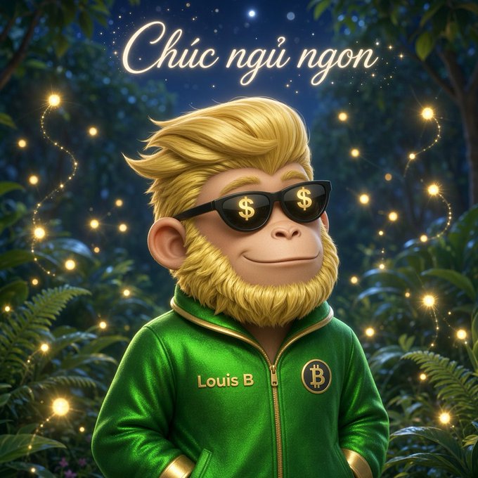 A 3D-rendered illustration of a golden monkey wearing dollar-sign sunglasses and a green jacket with "Louis B" and a Bitcoin logo, set against a magical forest with the text "Chúc ngủ ngon" above.