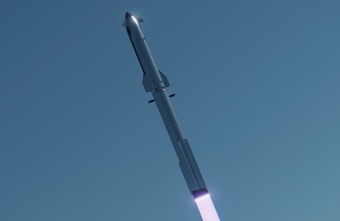 A photo of a SpaceX Starship rocket ascending through a clear blue sky, with its engine plume visible at the bottom.