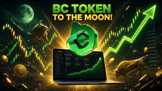 A neon crypto-themed graphic shows a rising market chart, bull imagery, coins, and a laptop beneath the text “BC TOKEN TO THE MOON!” It visually reinforces the accompanying claim that BC.GAME gained 43.9% and $8.5M based on FairGambling Analytics.