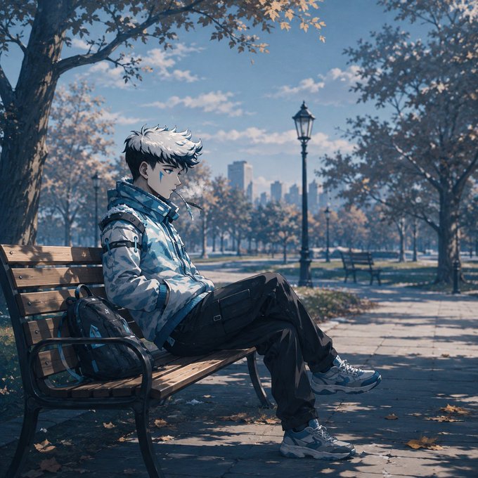 Anime-style illustration of a young character with black and white hair sitting on a wooden park bench in an autumn park setting with a city skyline and lamp post in the background.