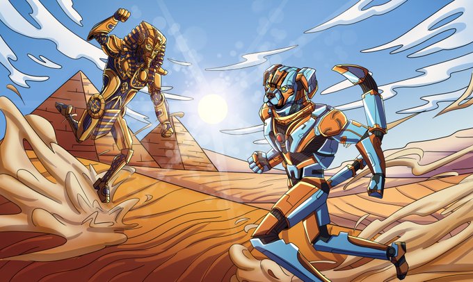 An animated illustration of Egyptian-themed robots, including a golden Anubis-like figure and a blue humanoid robot, running through a desert with pyramids.