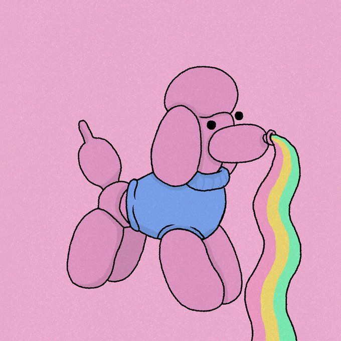 A cartoon drawing of a pink poodle-like balloon dog wearing a blue sweater, spitting out a rainbow stream against a pink background.