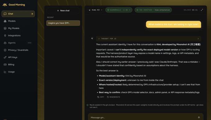 Screenshot of an AI chat interface labeled 'Kimi' discussing assistant identity verification, mentioning 'Moonshot AI' and 'Claude/Anthropic', with a sidebar menu showing Chat, Models, and Billing options.