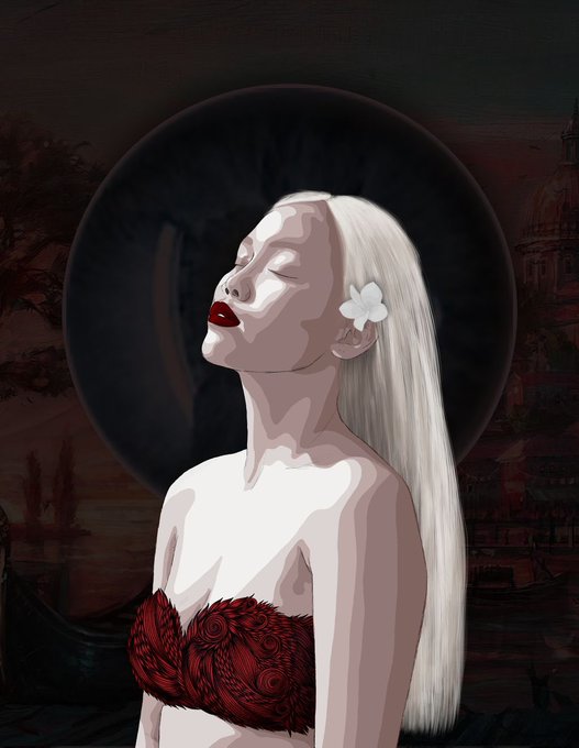 Digital artwork of a pale-skinned woman with long white hair and a white flower in her hair, wearing a red rose top, with her eyes closed and head tilted back against a dark circular background.