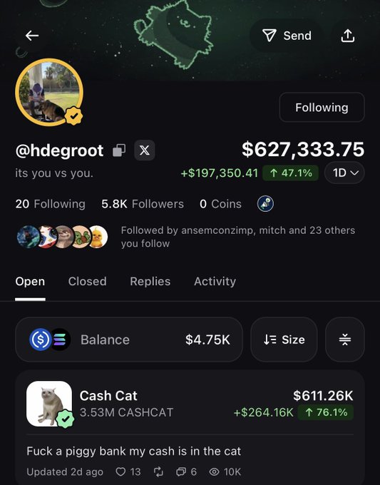 A screenshot of a social media/crypto profile for '@hdegroot' with the bio 'its you vs you,' showing a portfolio balance of $627,333.75 (+47.1%) and a 'Cash Cat' token post stating 'Fuck a piggy bank my cash is in the cat.'