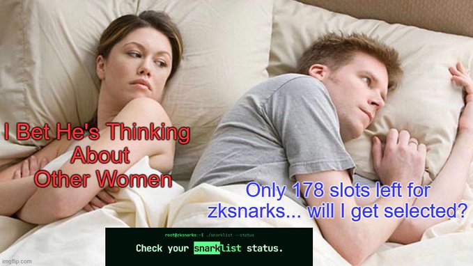 A meme image showing a couple in bed facing away from each other, with text reading 'I Bet He's Thinking About Other Women' and 'Only 178 slots left for zksnarks... will I get selected?' alongside a command line snippet for checking snarklist status.