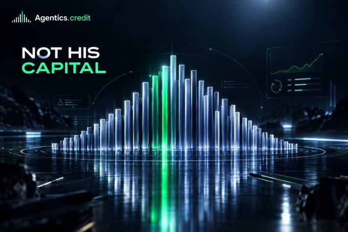 A digital graphic with 'Agentics.credit' and 'NOT HIS CAPITAL' text beside a futuristic, glowing bar chart visualization.