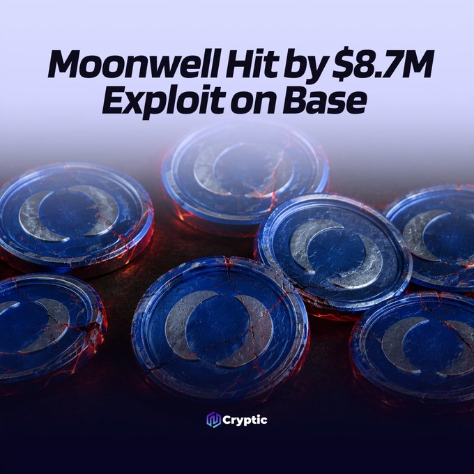 The image displays the headline "Moonwell Hit by $8.7M Exploit on Base" above a visually striking arrangement of blue and silver Moonwell (MOON) tokens with glowing red cracks running through them, symbolizing the security breach. The cracked coin imagery directly reinforces the accompanying alert about the $8.7 million exploit targeting Moonwell DeFi on the Base network through manipulation of the illiquid $MAMO collateral.