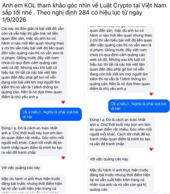 A Vietnamese-language text message conversation discussing upcoming Crypto Law in Vietnam (Decree 284) effective from 1/9/2026, with messages about deleting posts related to crypto regulations and advertising.