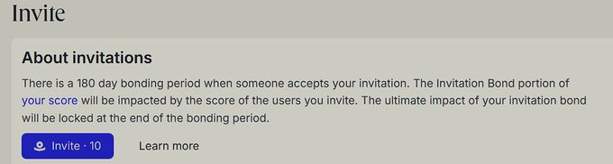 An "Invite" section explaining Ethos Network's invitation system, noting a 180-day bonding period and an "Invite · 10" button, which relates to the post's mention of the platform's anti-referral structure that rewards users based on invitee scoring.