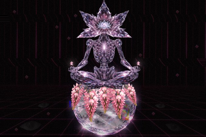 The image features an illustration of a crystal-like figure with a flowery head, sitting atop a glass ball that has pink flowers surrounding it. The figure appears to be a digital art piece or a graphic design element within a larger context. The caption below the image reads "Gm For #ICONÆ 'Observer Becomes Observed'". This phrase is likely an artistic description of the figure, and its relation to the post could be that it represents the idea of observing oneself in a digital world or being observed by others through technology.
The image also includes a watermark at the bottom that reads "@objktcom 13.31 $XTZ Link Below". This indicates that the image is likely part of an online art gallery, where artists showcase their work and provide information about the pieces for viewers to learn more about them.