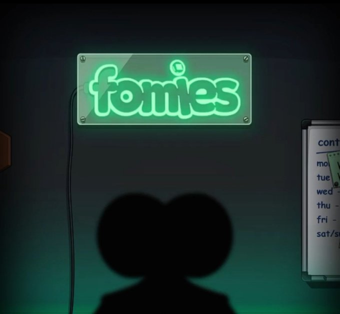 An animated scene shows two silhouetted characters in front of a glowing green neon sign that reads 'fonites'. To the right, a partial view of a whiteboard displays a weekly schedule with days listed from Monday to Saturday.