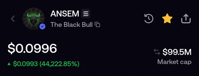 The image shows the ANSEM meme coin "The Black Bull" trading at $0.0996 with a market cap of $99.5M, displaying a massive 44,222.85% gain from $0.0993—tying into the post's joke about crypto influencer Ansem launching his own token/airdrop after dismissing $PUMP.