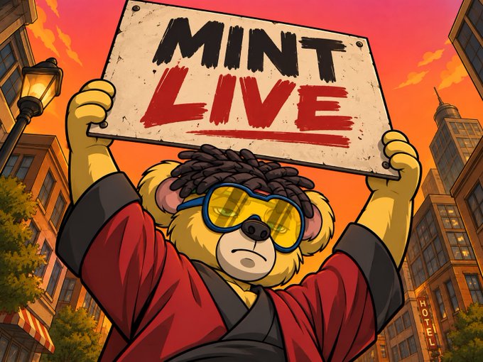 A vibrant cartoon illustration of a yellow bear character with dreadlocks and yellow goggles, wearing a red jacket and holding up a "MINT LIVE" sign against an orange urban city background.