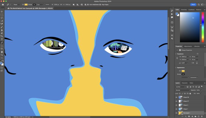 A Photoshop 2024 workspace showing an illustration of two blue faces in profile with yellow accents, where the eyes contain small scenes of figures and computer screens, titled "The World Behind Your Eyes.psd."