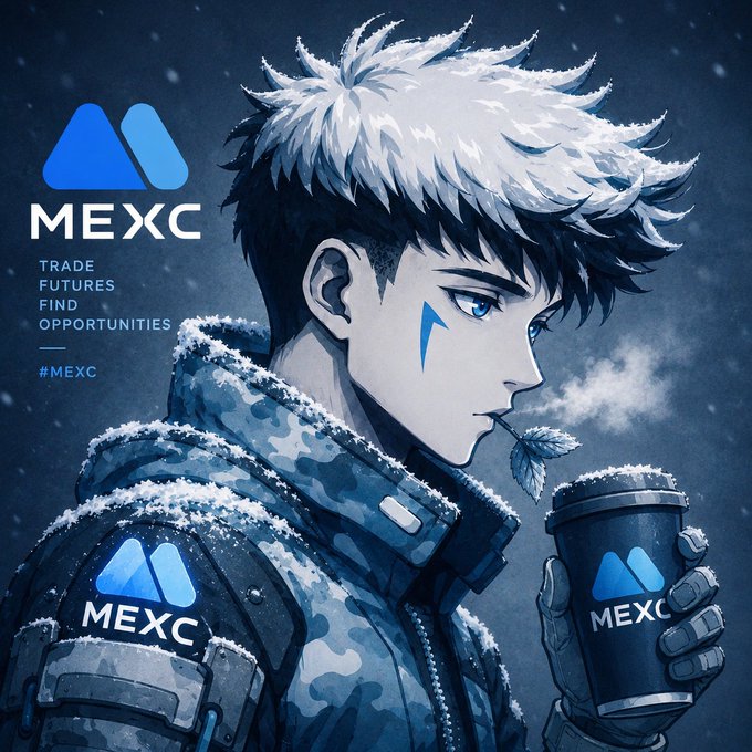 An anime-style promotional image for MEXC featuring a white-haired character in a snowy camouflage jacket, with text reading 'MEXC - TRADE FUTURES, FIND OPPORTUNITIES' and a MEXC-branded coffee cup.