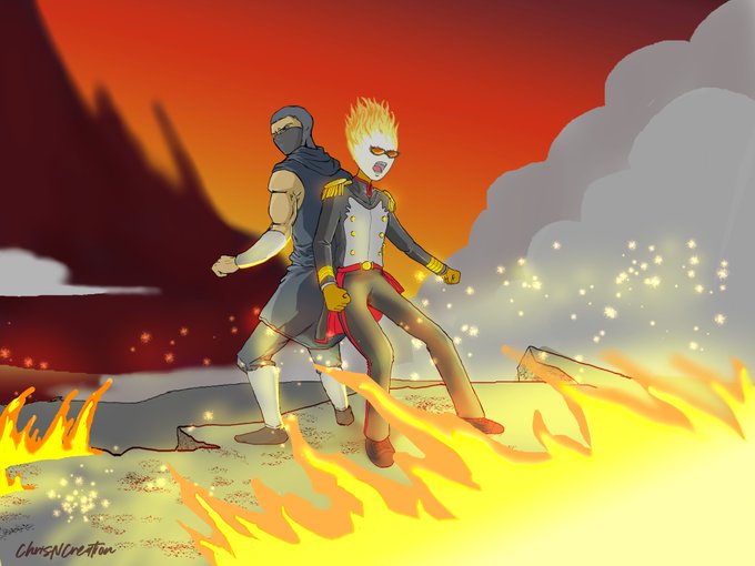 An illustrated artwork depicts two characters, including one with a flaming head, standing near a fire against a red sky.