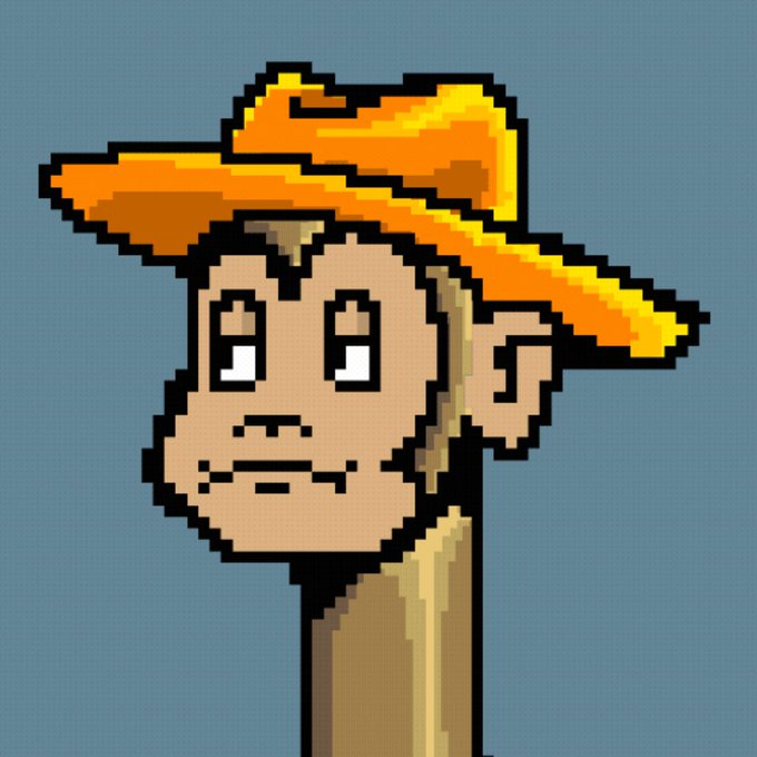 A pixel art illustration of a monkey wearing a wide-brimmed orange straw hat against a blue background, matching the post's reference to "MONKE" as a symbol of survival in their NFT collection.