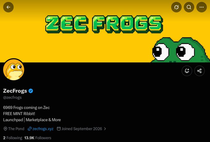 A Twitter/X profile page for "ZecFrogs" (@zecfrgs) with a pixel-art frog banner, describing "6969 Frogs coming on Zec, FREE MINT Ribbit! Launchpad | Marketplace & More."