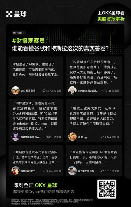 This image is a promotional advertisement for "OKX 星球" (OKX Planet), featuring a discussion thread titled "#财报观察员: 谁能看懂谷歌和特斯拉这次的真实答卷?" (#EarningsObserver: Who can truly understand Google and Tesla's real report cards?). The ad showcases user comments analyzing the stock performance of Google ($GOOG) and Tesla ($TSLA) after their earnings reports, with engagement metrics including likes and view counts for each comment. The content aligns with the accompanying post by highlighting how both companies exceeded revenue expectations yet saw their stock prices decline, prompting deeper analysis of the financial numbers behind the reports.