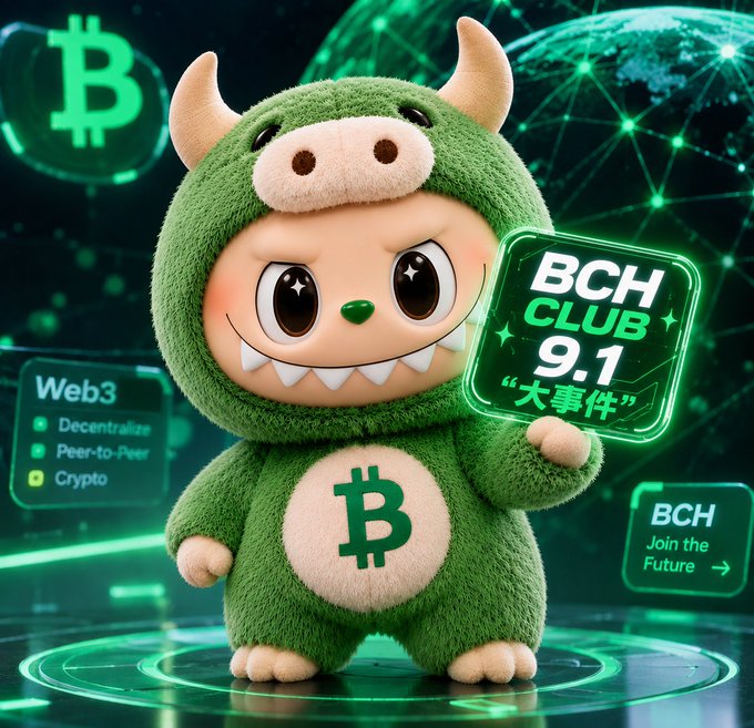 A cartoon green character with horns wearing a Bitcoin symbol promotes "BCH CLUB 9.1 大事件" with Web3 and crypto themes in the background.