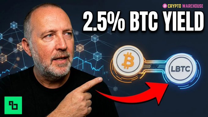 A YouTube thumbnail titled '2.5% BTC YIELD' by Crypto Warehouse showing a man pointing to an illustration of BTC converting to LBTC with a red arrow.