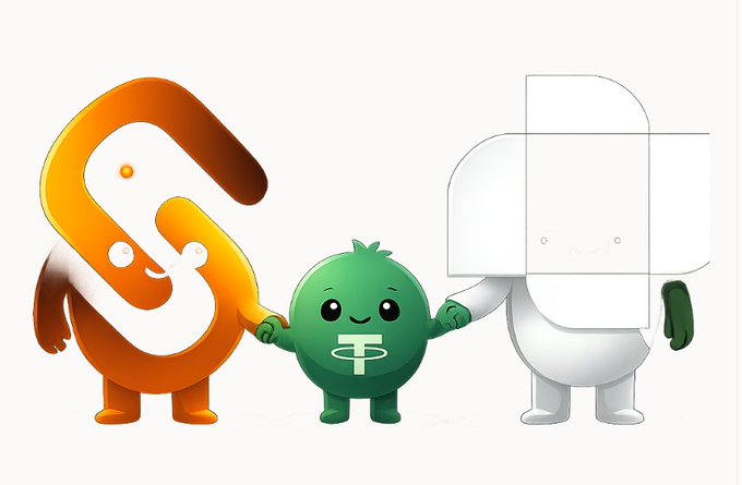 An illustration of three mascot characters holding hands: an orange "S" figure, a green coin figure, and a white "P" figure.