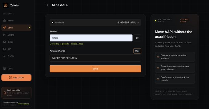 A screenshot of the Zefolio app interface shows a "Send AAPL" screen with available balance of 0.024897 AAPL and instructions to "Move AAPL without the usual friction."