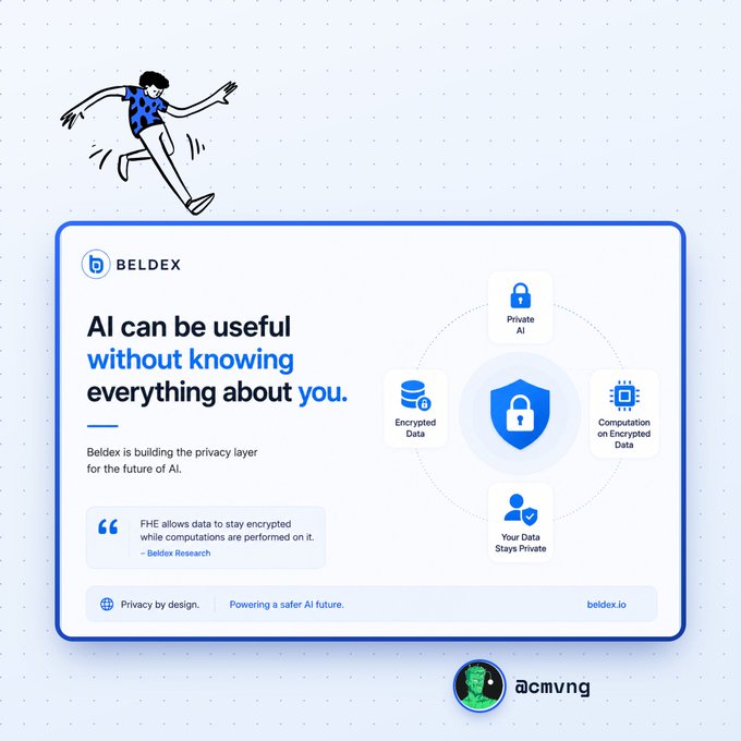 A promotional graphic for Beldex about privacy in AI, featuring an illustration of a person dancing over text that reads 'AI can be useful without knowing everything about you.' with beldex.io branding.