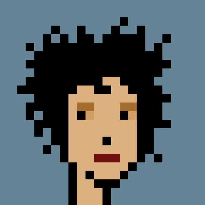 A pixel art portrait of a person with dark, voluminous curly hair, tan skin, and dark eyes against a gray-blue background.