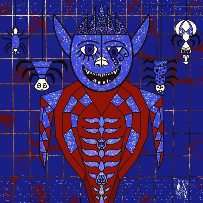 A surreal digital illustration of a blue and red demonic figure with sharp teeth, surrounded by spiders and abstract symbols against a dark blue tiled background.
