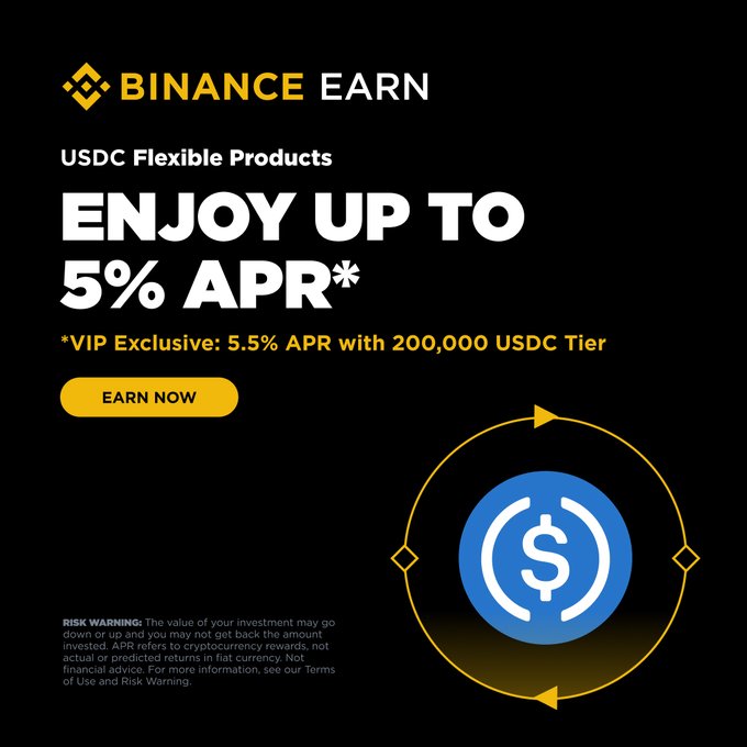 A Binance Earn banner promoting USDC Flexible Products with up to 5% APR (and 5.5% APR exclusive for VIPs holding 200,000 USDC), featuring an "EARN NOW" button and a circular dollar sign graphic. The image directly illustrates the post's headline by highlighting the USDC yield offer and the VIP-exclusive tier on Binance's platform.