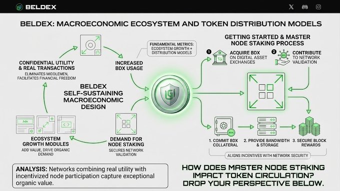 A detailed flowchart titled 'BELDEX: MACROECONOMIC ECOSYSTEM AND TOKEN DISTRIBUTION MODELS' illustrating concepts like 'CONFIDENTIAL UTILITY & REAL TRANSACTIONS' and 'SELF-SUSTAINING MACROECONOMIC DESIGN'.