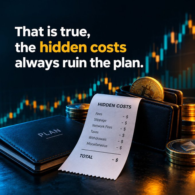 An image with the text 'That is true, the hidden costs always ruin the plan' overlaid on a wallet, receipt listing fees and slippage, and a trading chart background.