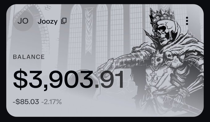 The image shows a black and white picture of a skeleton with a crown, holding a sword. Below the skeleton's head, there is text that reads "balance $3,903.91 - 2.17%". The background of the image is a light brown color.