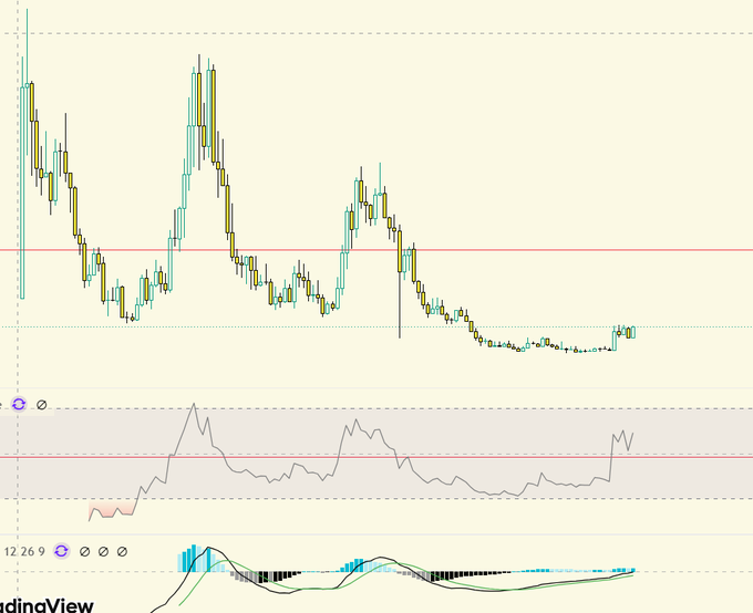 A TradingView cryptocurrency chart displaying candlestick price action with an RSI indicator and MACD indicator below, showing bearish momentum.