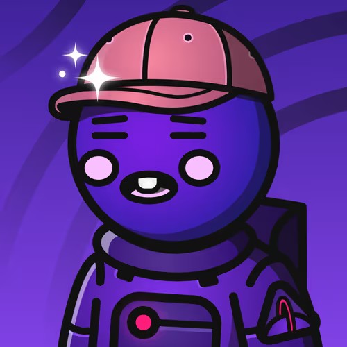 A digital illustration of a purple, round-faced character wearing a pink baseball cap and an astronaut-like suit with a red triangular emblem on the sleeve.