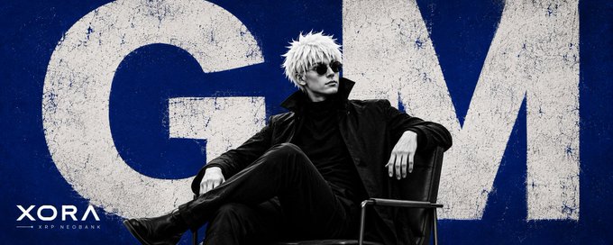 An anime-style character with white hair and dark sunglasses sits in a chair against a blue background with large white 'GM' letters and the text 'XORA XRP NEOBANK'.