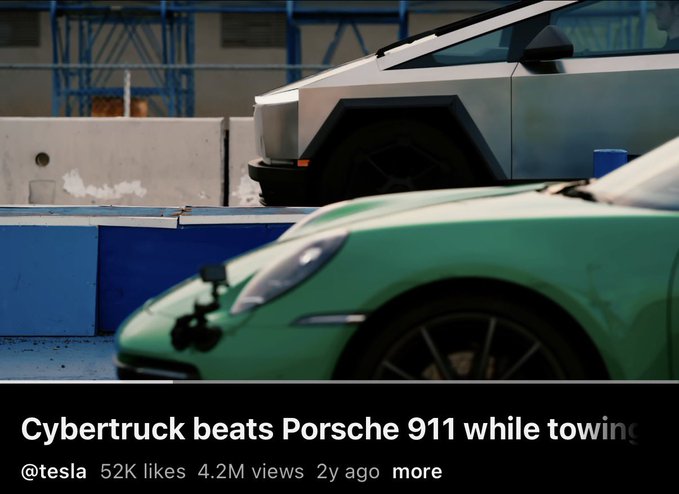 A video thumbnail shows a Tesla Cybertruck towing a green Porsche 911, with the caption 'Cybertruck beats Porsche 911 while towing' from @tesla, showing 52K likes and 4.2M views.