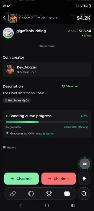 A mobile app screenshot showing a token called 'Chadmir' by 'Dev_Mogger' with a market cap of $115.64 and bonding curve progress at 40%.
