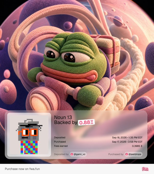 A digital artwork featuring a green frog-like character with large eyes in a pink and purple environment, overlaid with a transaction record for 'Noun 13' showing 'Backed by 0.88Ξ' and 'fwa.fun' branding.