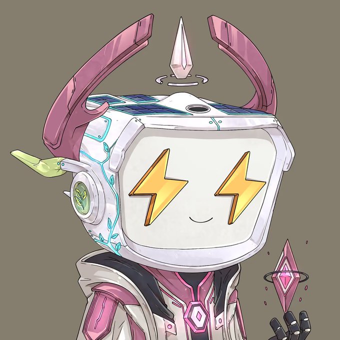 An illustration depicts a futuristic anime-style character with a CRT monitor head displaying lightning bolt eyes, pink horn-like structures, a floating crystal above, and a pink gem-like object nearby.