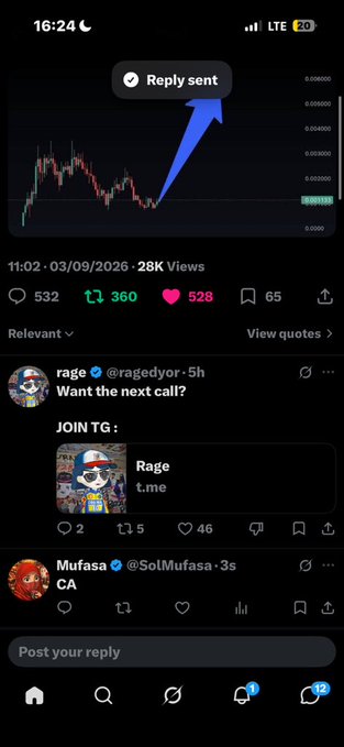 A screenshot of an X (Twitter) post shows a crypto trading chart with a 'Reply sent' notification, posted by @ragedyor promoting a Telegram channel named 'Rage'.