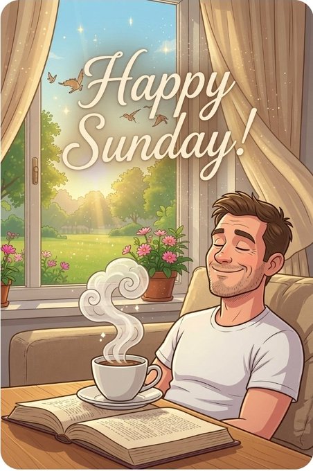 A greeting card illustration featuring a man relaxing with a steaming cup of coffee and an open book, with the text 'Happy Sunday!' displayed against a sunlit window view.