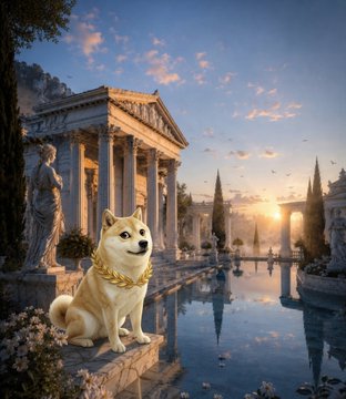 A digital illustration of a Shiba Inu dog wearing a large gold chain, sitting in front of ancient Greek-style ruins and a reflecting pool at sunset.
