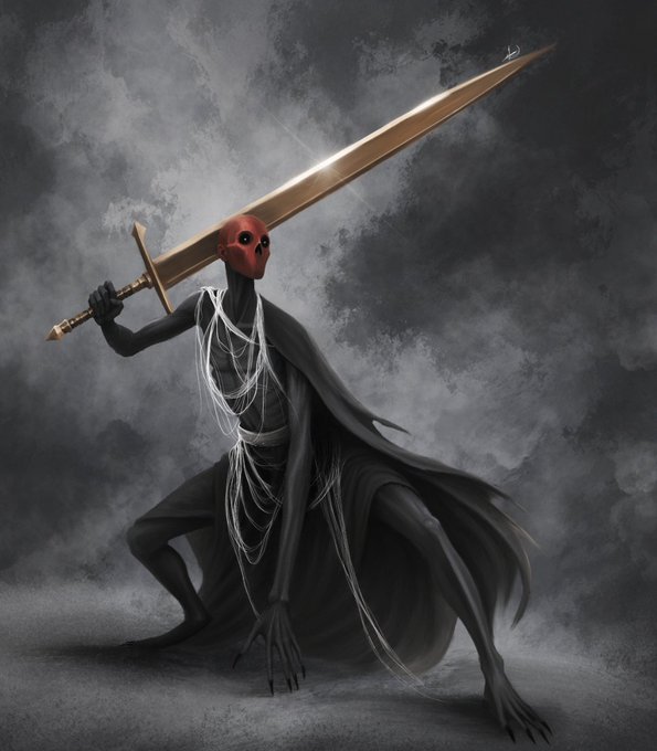A dark, haunting illustration of a skull-faced figure in a tattered black cloak wielding a large golden sword in a crouched stance against a smoky gray background.