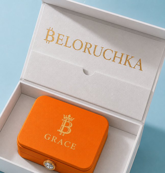 An orange jewelry box labeled 'GRACE' with a crown-topped 'B' logo sits inside a white gift box with 'BELORUCHKA' embossed in gold on the lid.