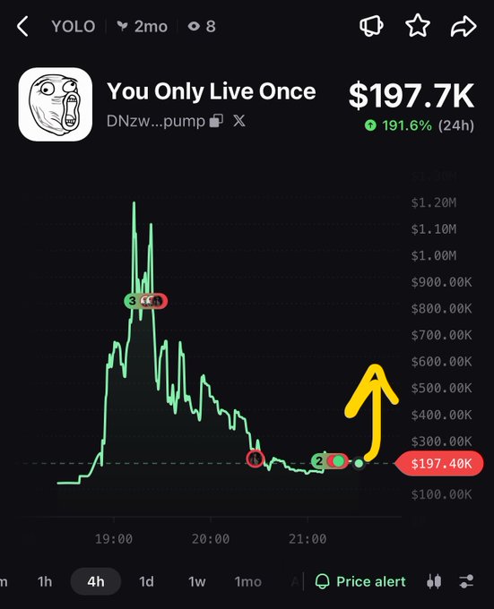A 4-hour chart of the Solana memecoin "You Only Live Once" ($YOLO, contract DNzw...pump) showing a peak above $1.2M followed by a sharp decline to $197.7K (-191.6% in 24h), with a hand-drawn yellow arrow projecting a recovery toward $600K to support the poster's bullish call.
