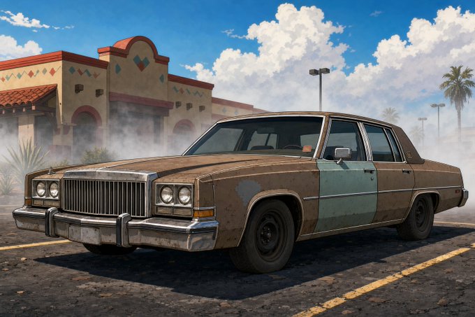 A rusty, weathered vintage sedan with a light blue door panel parked in a dusty lot in front of a Southwestern-style building with a red tile roof under a cloudy blue sky.