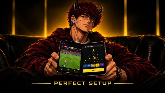 An anime-style character with red hair and horns in a red jacket sits on a black leather couch holding a phone displaying the Plinko game with "PERFECT SETUP" text below.